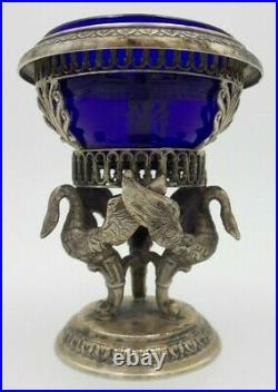 Beautiful Antique Empire European Sterling Silver & Cobalt Glass Salt Cellar