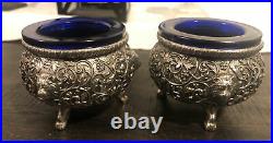 Beautiful Pair Of Repousse Sterling Silver Open Salts With Cobalt Glass Inserts