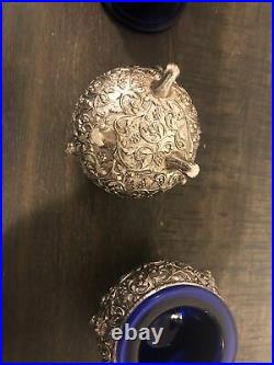 Beautiful Pair Of Repousse Sterling Silver Open Salts With Cobalt Glass Inserts