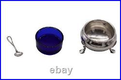 Becht & Hartl Sterling Silver and Cobalt Glass Salt Cellar With Sterling Spoon