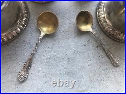 Birks Sterling Silver Salt Cellars Cobalt Glass Liners Antique Spoons