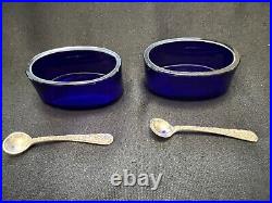 Blue Cobalt Sterling Salt Dishes Footed with Two Salt Spoons
