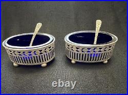 Blue Cobalt Sterling Salt Dishes Footed with Two Salt Spoons