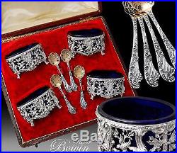 Boivin Boxed French Sterling Silver Open Salt Cellars & Spoons Rococo Style