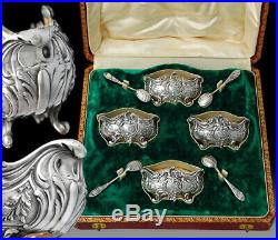 Boxed Antique French Sterling silver Salt Cellars and Spoons Rococo pattern