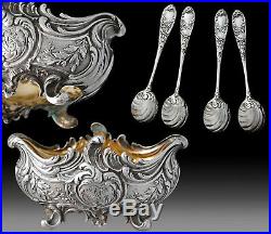 Boxed Antique French Sterling silver Salt Cellars and Spoons Rococo pattern