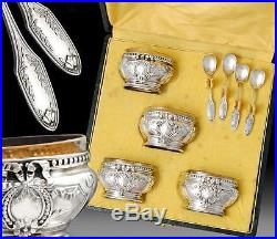 Boxed French Sterling Silver Open Salt Cellars & Spoons
