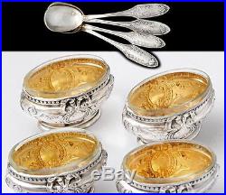 Boxed French Sterling Silver Open Salt Cellars & Spoons