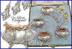 Boxed French Sterling Silver Open Salt Cellars and Salt Spoons Rococo decor