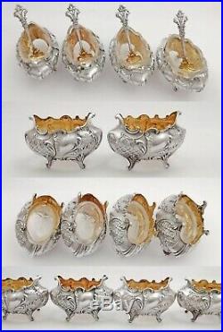 Boxed French Sterling Silver Open Salt Cellars and Salt Spoons Rococo decor