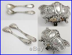 Boxed French Sterling Silver Open Salt Cellars and Spoons, Barrier, Paris ca1915