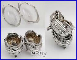 Boxed French Sterling Silver Open Salt Cellars and Spoons, Barrier, Paris ca1915