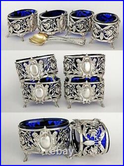 Boxed French Sterling Silver Salt Cellars with Spoons Cobalt Glass Inserts