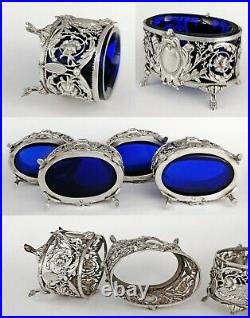 Boxed French Sterling Silver Salt Cellars with Spoons Cobalt Glass Inserts