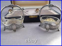 Boxed Pair German 800 Silver Art Nouveau Salts With Matching Spoons