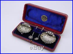 Boxed Pair of Victorian Solid Silver Shell Salt Cellars & Spoons 1897 Birmingham