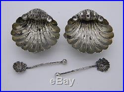 Boxed Pair of Victorian Solid Silver Shell Salt Cellars & Spoons 1897 Birmingham