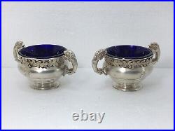 British Sterling Silver Salt Cellars with Blue Glass Inserts/Wakely & Wheeler