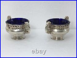 British Sterling Silver Salt Cellars with Blue Glass Inserts/Wakely & Wheeler