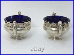 British Sterling Silver Salt Cellars with Blue Glass Inserts/Wakely & Wheeler