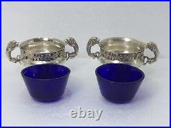 British Sterling Silver Salt Cellars with Blue Glass Inserts/Wakely & Wheeler