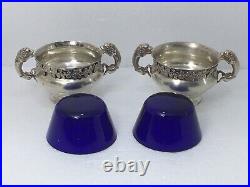 British Sterling Silver Salt Cellars with Blue Glass Inserts/Wakely & Wheeler