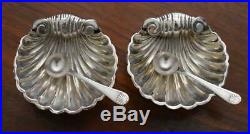 C 1900 Antique English W. E. T. Sterling Silver Shell Salt Cellar Pair With Spoons