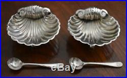 C 1900 Antique English W. E. T. Sterling Silver Shell Salt Cellar Pair With Spoons