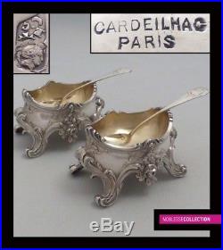 CARDEILHAC ANTIQUE 1880s PAIR OF FRENCH STERLING SILVER SALT CELLARS & SPOONS