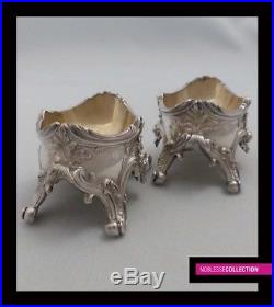 CARDEILHAC ANTIQUE 1880s PAIR OF FRENCH STERLING SILVER SALT CELLARS & SPOONS