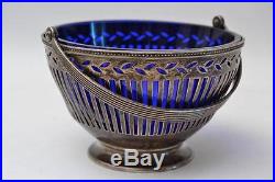 CIRCA 1900s TIFFANY & CO STERLING SILVER SUGAR BOWL With BLUE GLASS INSERT MARKED