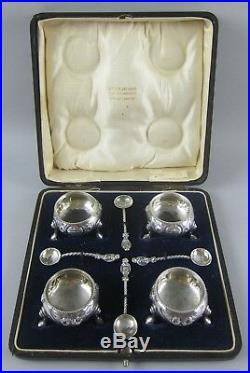 Cased Set Alexander Macrae STERLING 4 Individual Salt Cellars+Spoons 1865 London