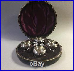 Cased Set of 4 Victorian Solid Silver Salt Cellars & Spoons 1891