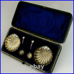 Cased Victorian Solid Sterling Silver Salt Cellars And Spoons 1894 Antique