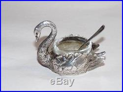 Chased Sterling Silver Open Salt Cellar Swan Hinged Wings Ground Glass Insert