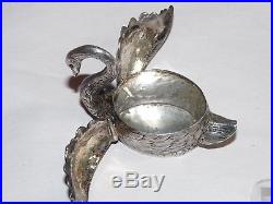 Chased Sterling Silver Open Salt Cellar Swan Hinged Wings Ground Glass Insert
