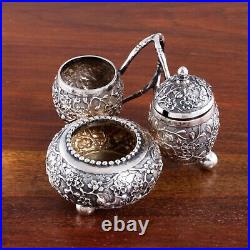 Chinese Export Sterling Silver Triple Condiment Caddy Cherry Blossom Signed Fw