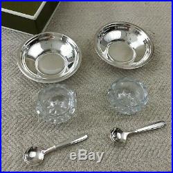 Christofle Salt Cellars Table Salts Crystal Glass Silver Plated Spoons Set Pair
