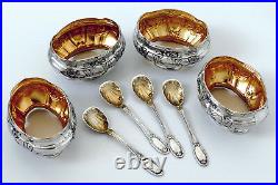 Coignet French Sterling Silver 18k Gold 4 Salt Cellars, Spoons, Original Box
