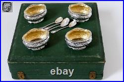 Coignet French Sterling Silver 18k Gold 4 Salt Cellars, Spoons, Original Box