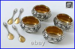 Collet French Sterling Silver 18k Gold Set 4 Salt Cellars, Spoons, Original box