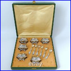 Crossard French Sterling Silver 18k Gold 6 Salt Cellars, Spoons, Original Box