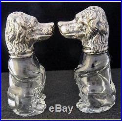 Dog Pair Salt & Pepper Shaker Cellar Set Silver Glass Antique Vintage (#5583)