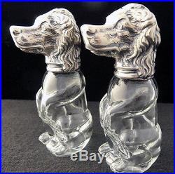 Dog Pair Salt & Pepper Shaker Cellar Set Silver Glass Antique Vintage (#5583)