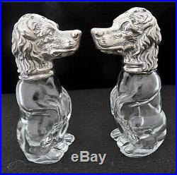 Dog Pair Salt & Pepper Shaker Cellar Set Silver Glass Antique Vintage (#5583)