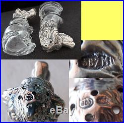 Dog Pair Salt & Pepper Shaker Cellar Set Silver Glass Antique Vintage (#5583)