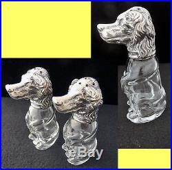 Dog Pair Salt & Pepper Shaker Cellar Set Silver Glass Antique Vintage (#5583)