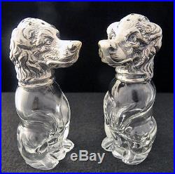 Dog Pair Salt & Pepper Shaker Cellar Set Silver Glass Antique Vintage (#5583)