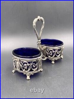 Double silver & glass salt cellar salt shaker late 19th century Double silver & glass salt cellar