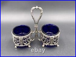 Double silver & glass salt cellar salt shaker late 19th century Double silver & glass salt cellar